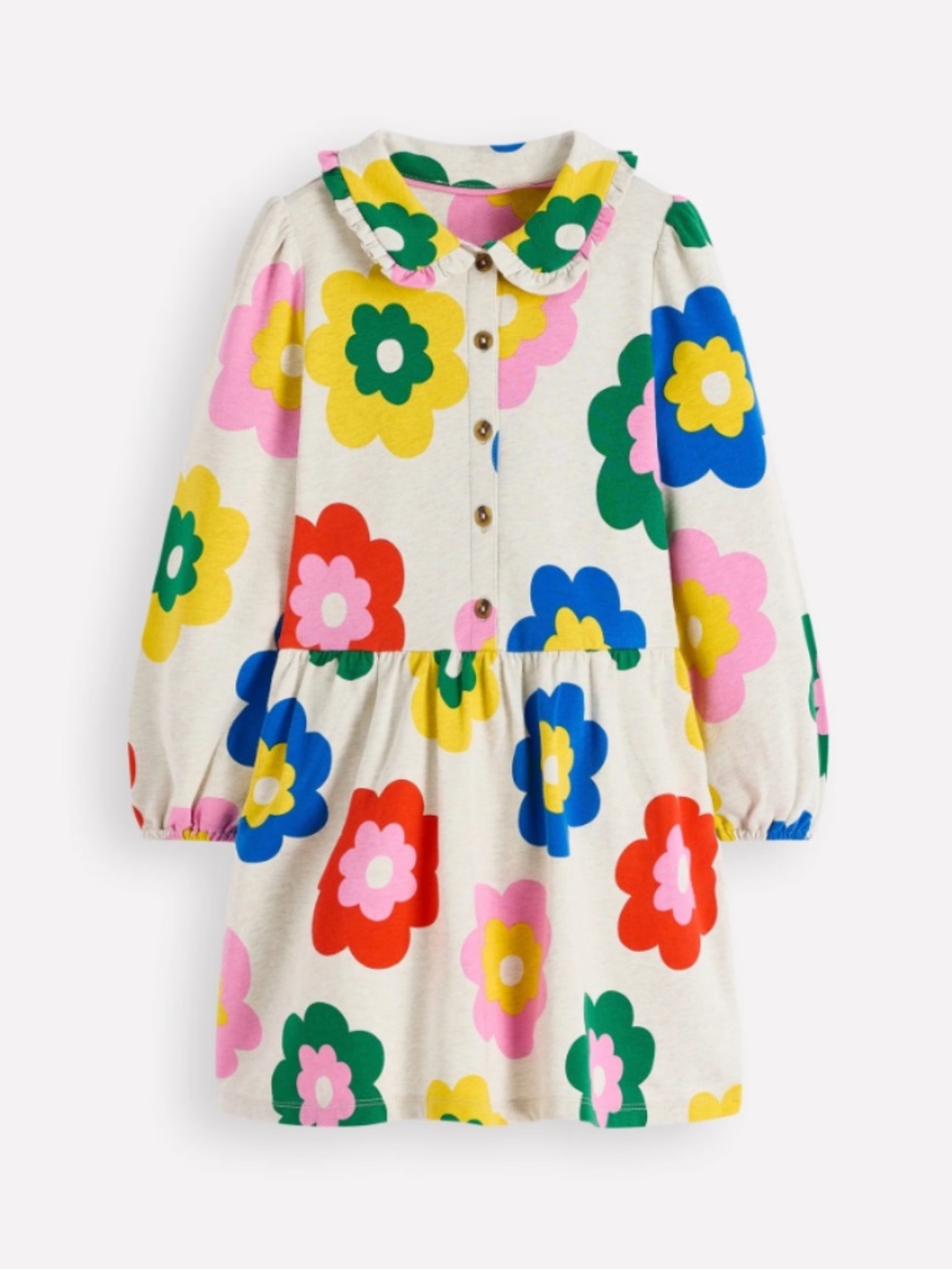 Mini Boden - Multicolor Large Flower Ruffle Collar Jersey Shirt Dress, Size 8-9y